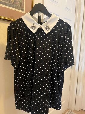 Lipslide Black and White Polka Dot Collared Blouse with Embellished Collar